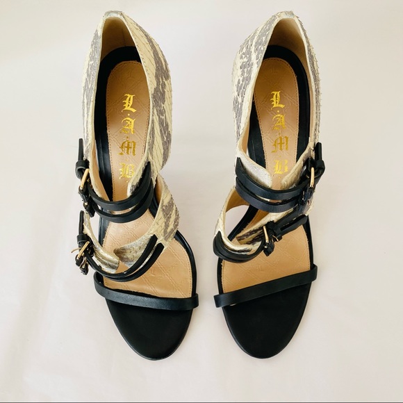L..A.M.B. BLACK Grey Snake Strappy Heel Sandals 8 - Picture 3 of 5